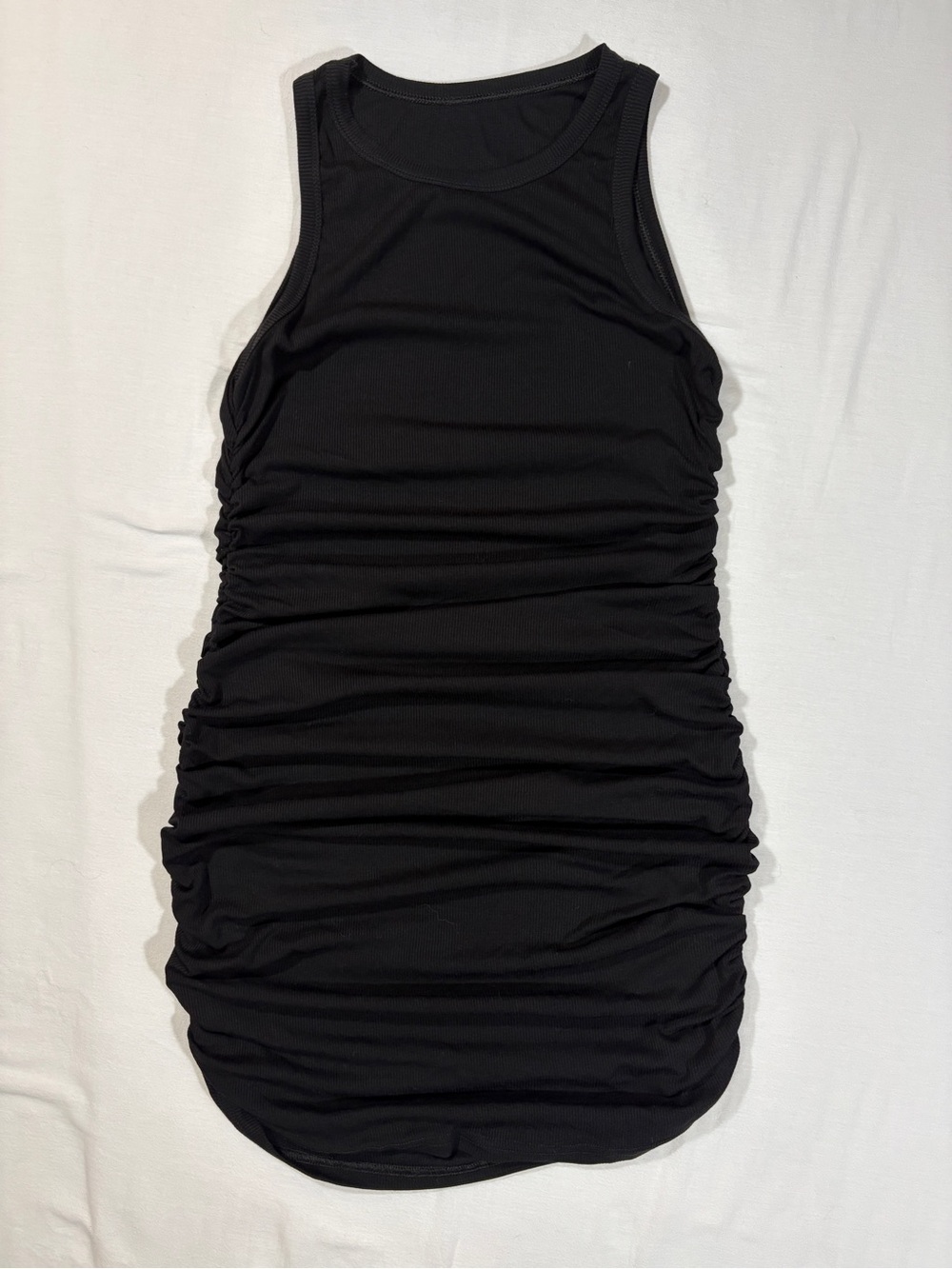 NWOT Black Ribbed High Neck Ruched Bodycon Tank Mini Dress Ultra Stretch L